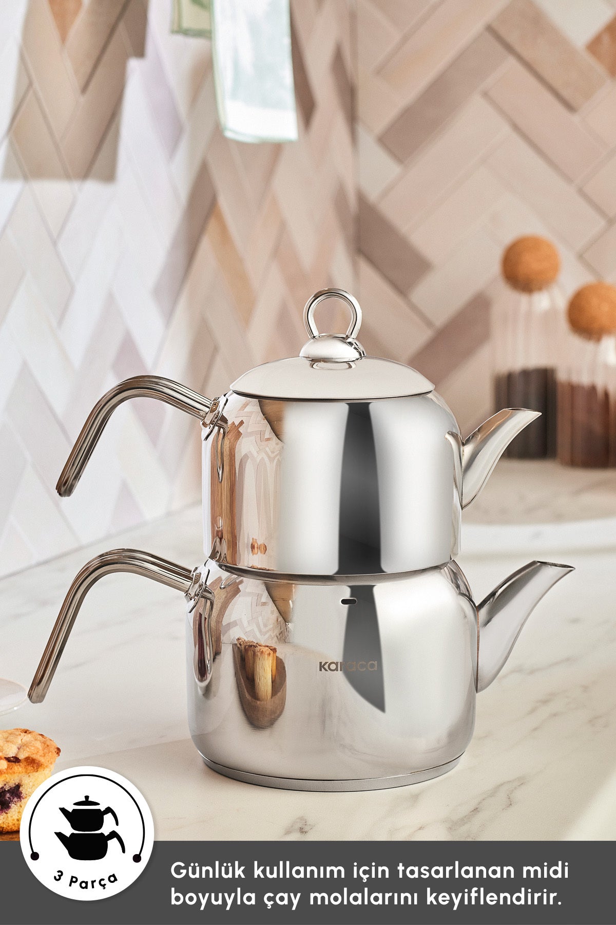 Karaca Urban induction Base Stainless Steel Midi Size Teapot Set - MALLTURK
