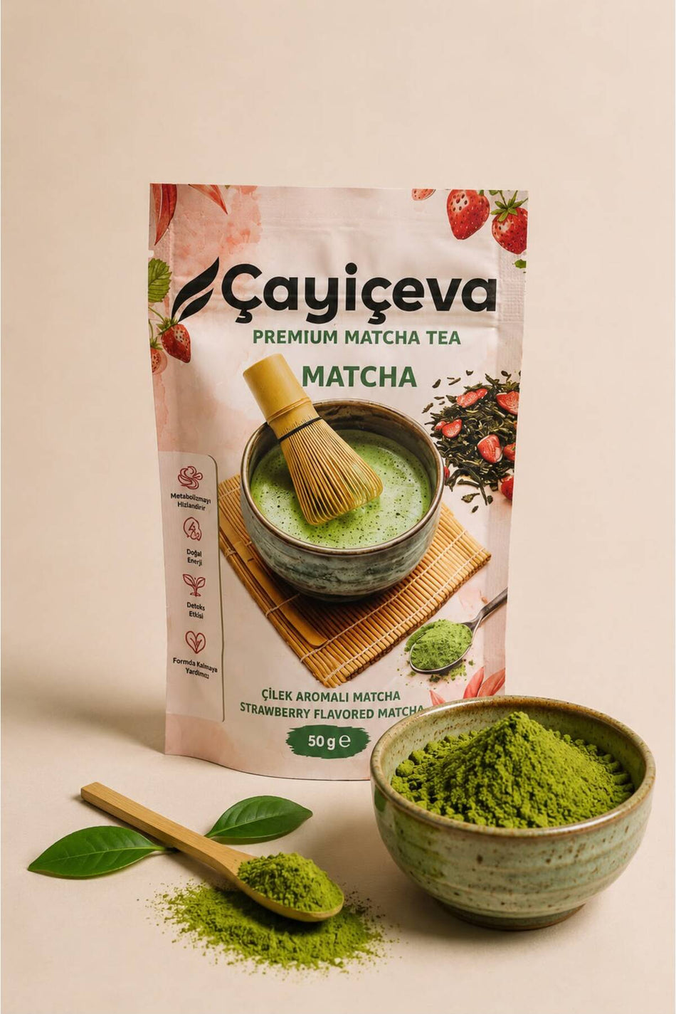 CAYICEVA Matcha mit Erdbeergeschmack, 50 Gr