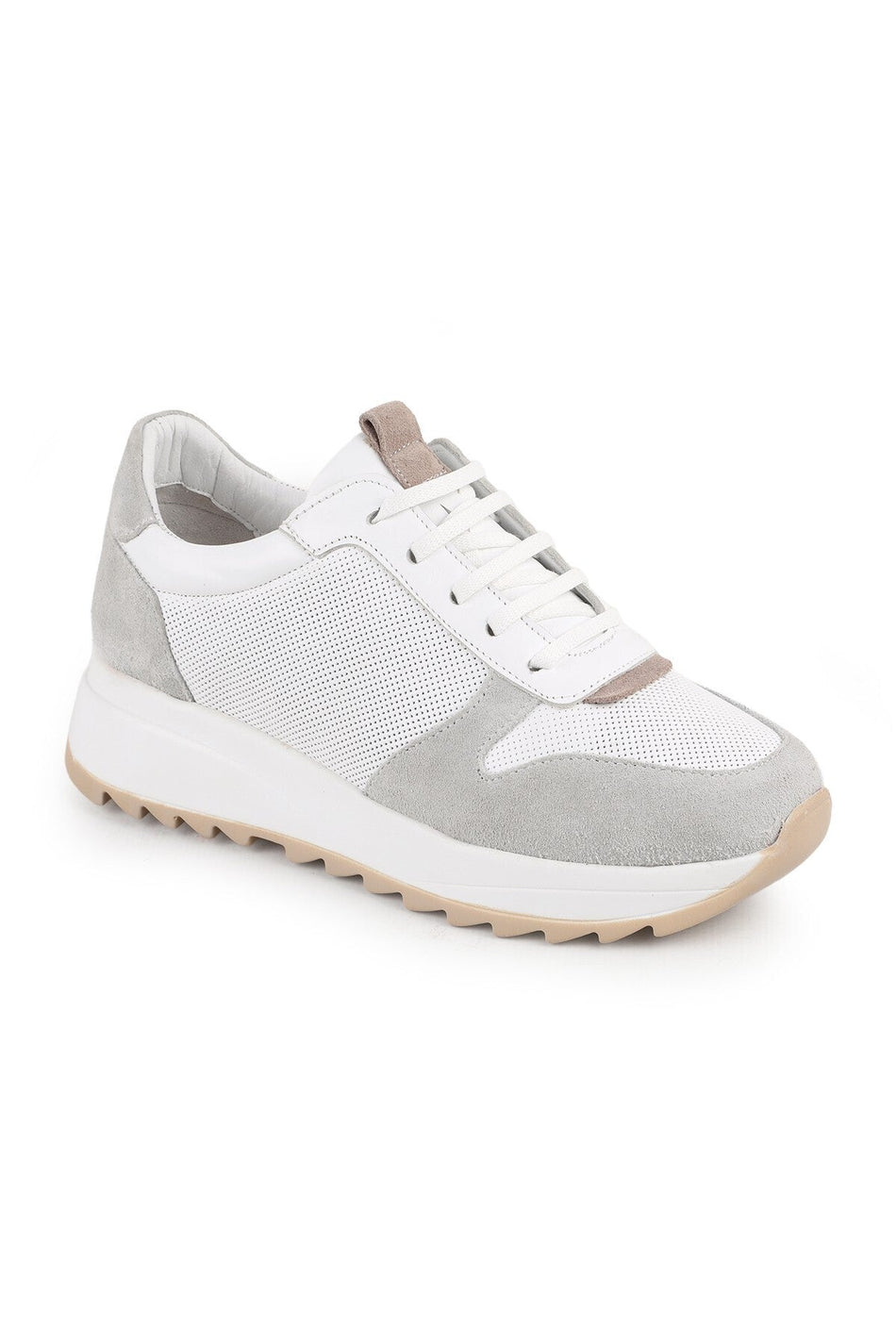 L086.919 White Grey Genuine Printed Suede Leather Lightweight EVA Sole Women's Sneaker