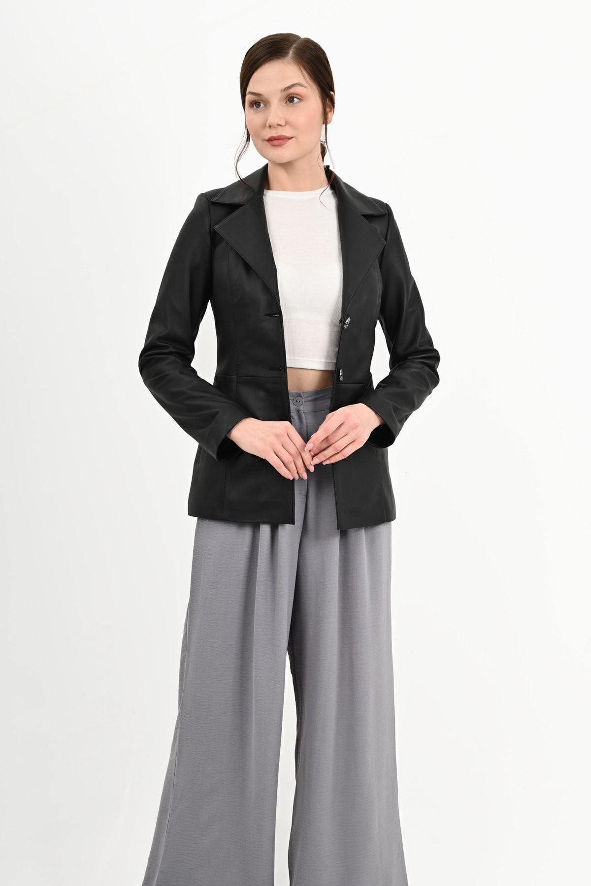 ALIN Brienne Women's Genuine Leather Blazer Leather Jacket Women's Black - MALLTURK