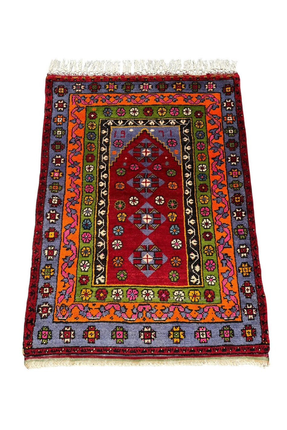 BURAK CARPETS Handwoven 1971 Collectible 100x135 cm Root Dye Mihrab-Patterned Selendi Carpet - MALLTURK