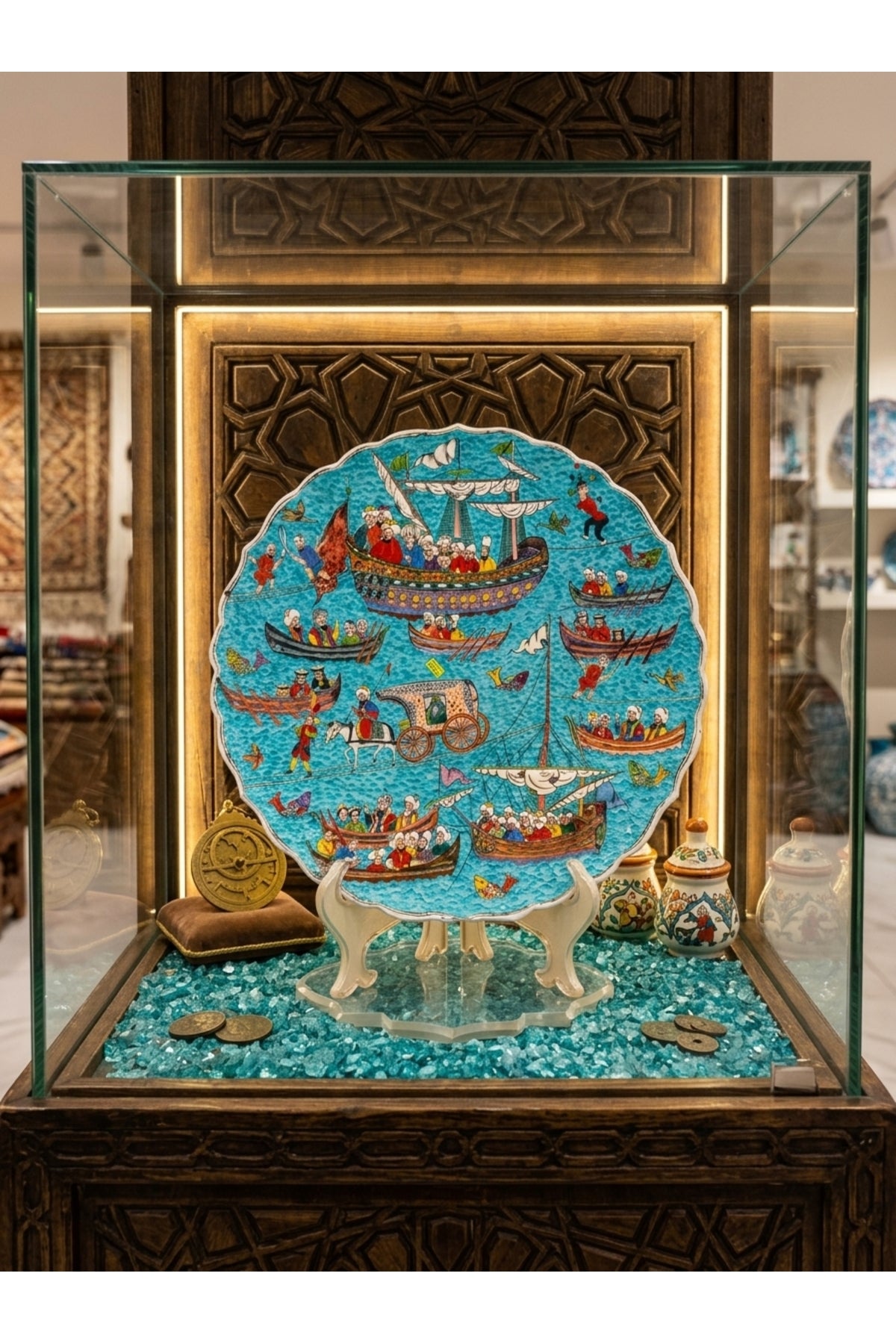 General Brands Ottoman Navy and Bosphorus Scene Patterned Turquoise Tile Plate Handmade Miniature Art Plate - MALLTURK