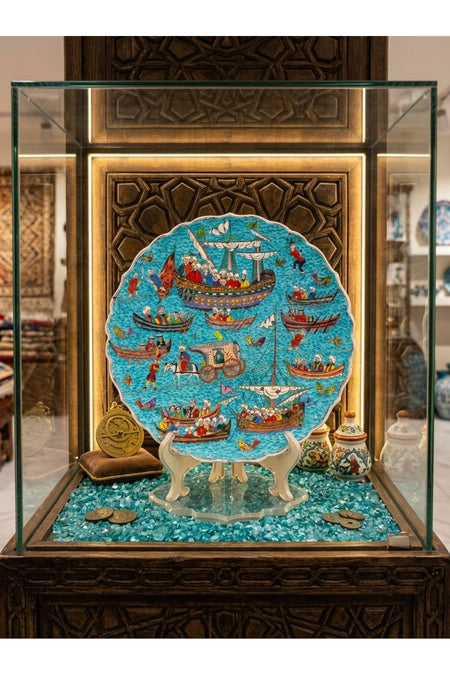 General Brands Ottoman Navy and Bosphorus Scene Patterned Turquoise Tile Plate Handmade Miniature Art Plate - MALLTURK