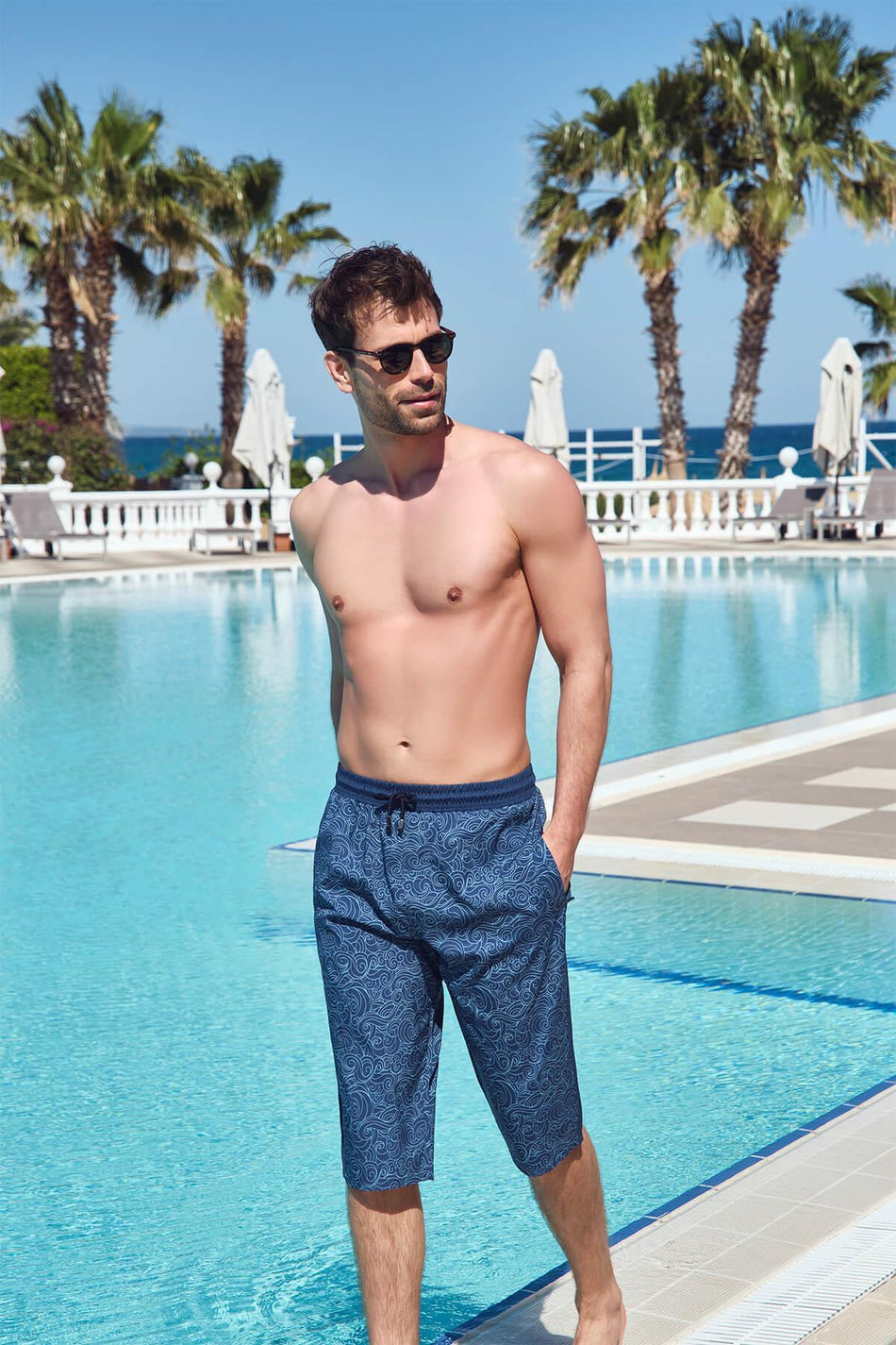 Hasema Wave Pattern Navy Blue Men's Long Pool and Beach Shorts 2925