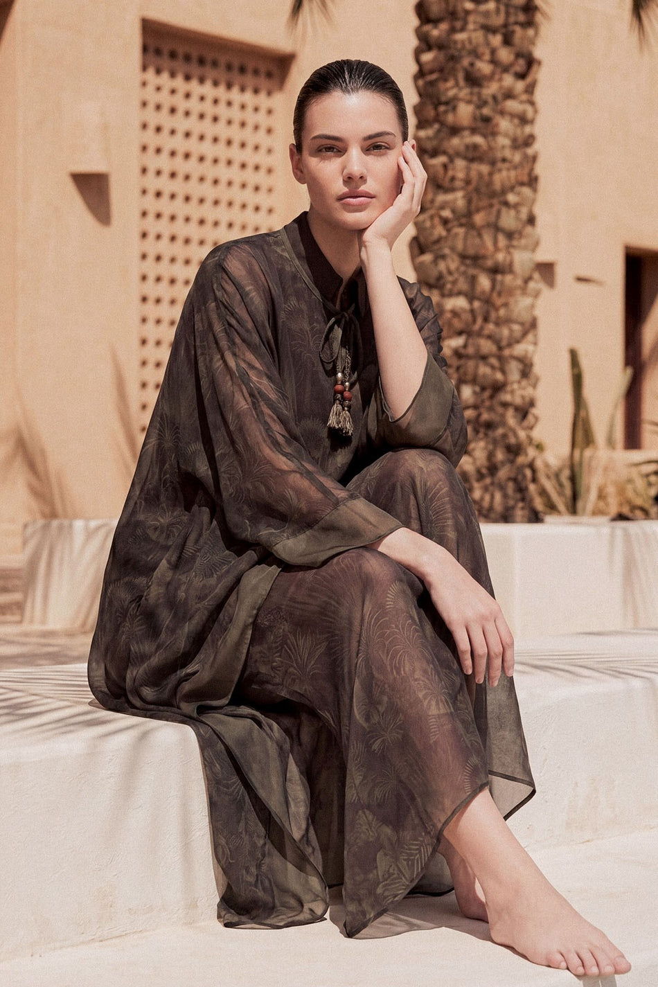 Long Pareo with Palm Tree Pattern and Drawstring Neckline, Brown, 1011
