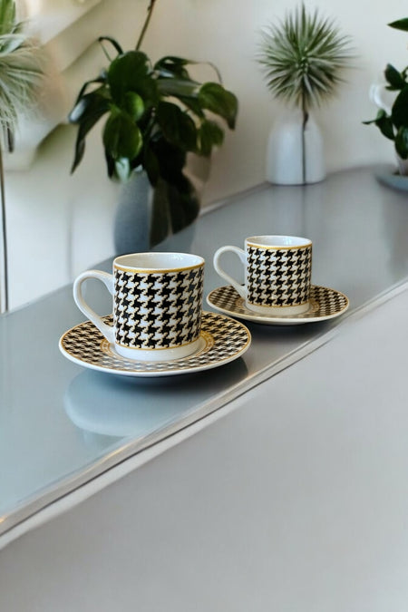 Eporselen Houndstooth Pattern 4-Piece Porcelain Coffee Cup Set for 2 People - MALLTURK