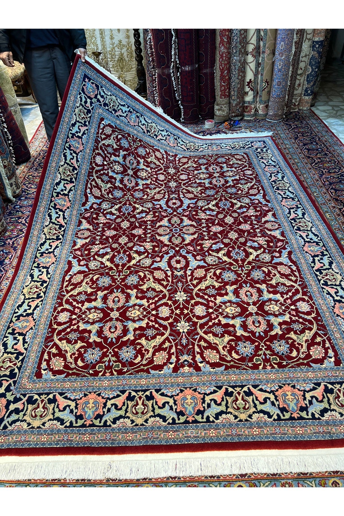 RD RAMAZAN DAG Hand Rug Art Hand-Woven Hereke Rug Signed Polonez Design Premium Quality Red Accent Size 272x194 - MALLTURK