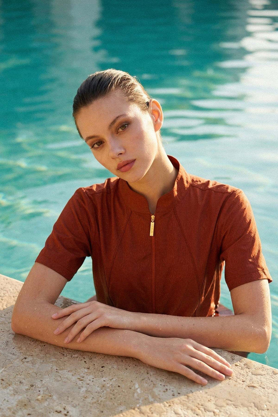Hasema Vaha Collection Textured Fabric Terracotta 5-Piece Semi-Closed Swimsuit Set 6030