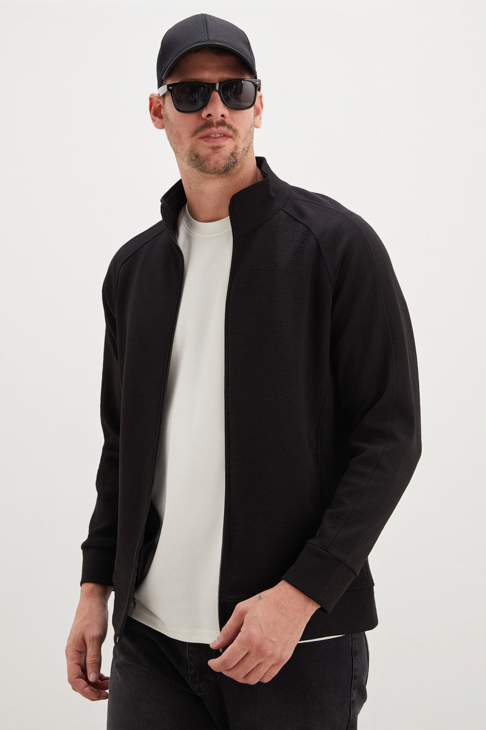 Zippered Stand Collar Pocket Regular Fit Jacket