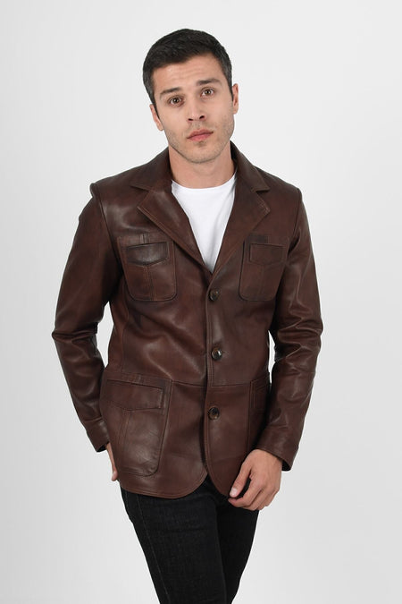 ALIN Martell Men's Genuine Leather Blazer Leather Jacket Brown - MALLTURK
