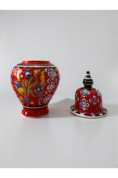 YOOS Handmade Red Wheelwork 25cm Kutahya Ceramic Shah Cube Ceramic Vase Navy Blue - MALLTURK