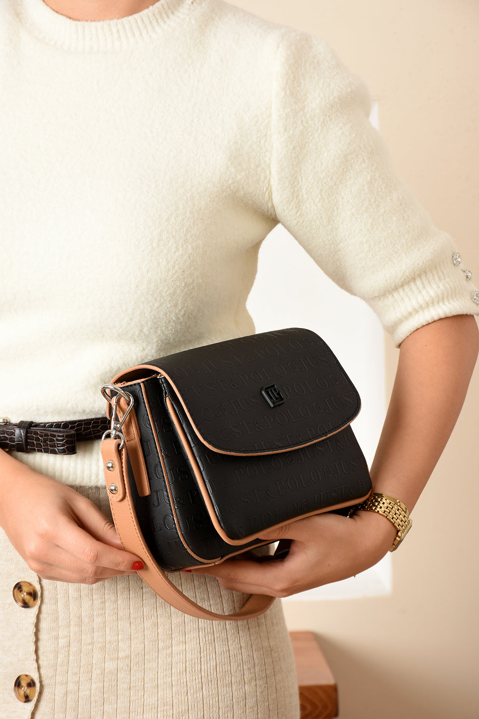 Just Polo Women's Black Camel Two-Strap Shoulder and Crossbody Bag - MALLTURK