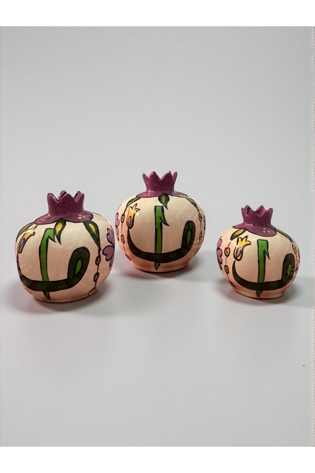 YOOS Handmade Brush Craftsmanship Vav and Elif Patterned 3-Piece Ceramic Pomegranate Set - MALLTURK