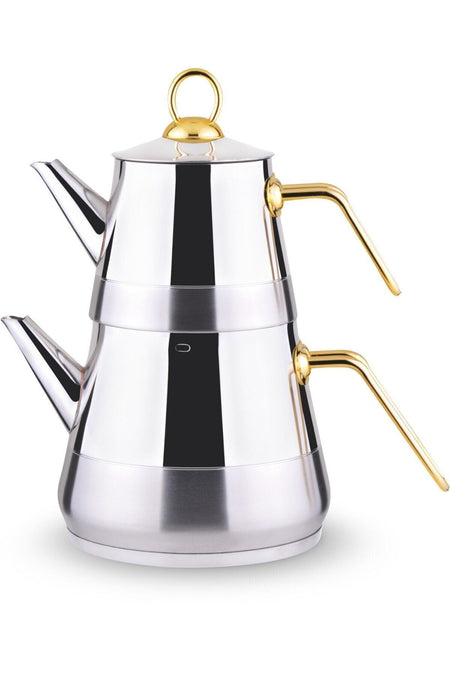 Lines Pyramid Gold Metal Handle Stainless Steel Teapot Mini size - Teapot 0.60 Lt Water Jug 1.50 Lt - MALLTURK
