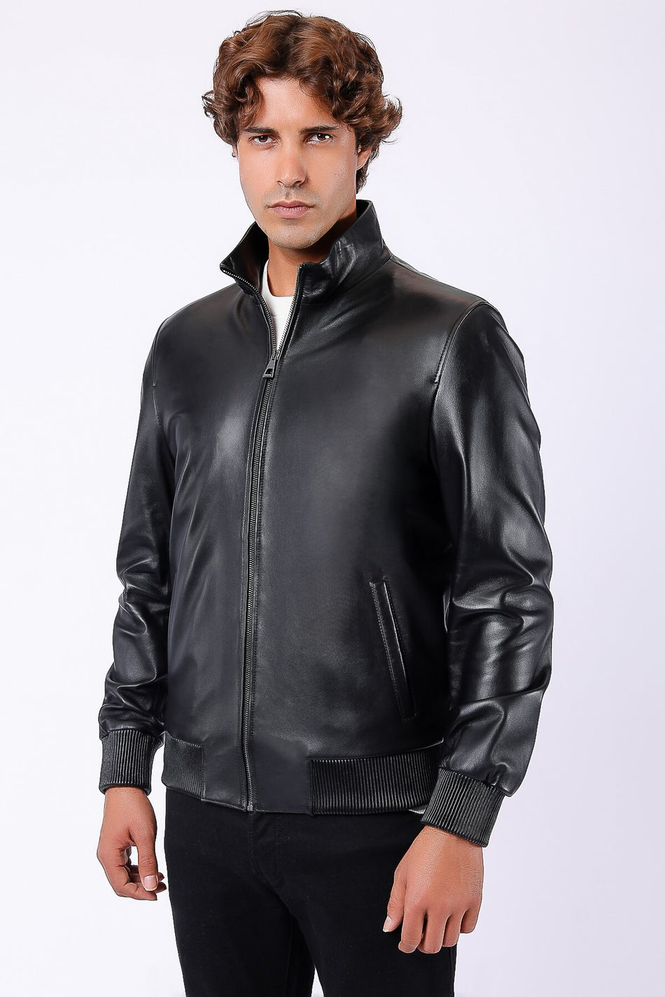 Casaco de cabedal genuíno preto College Leather Club