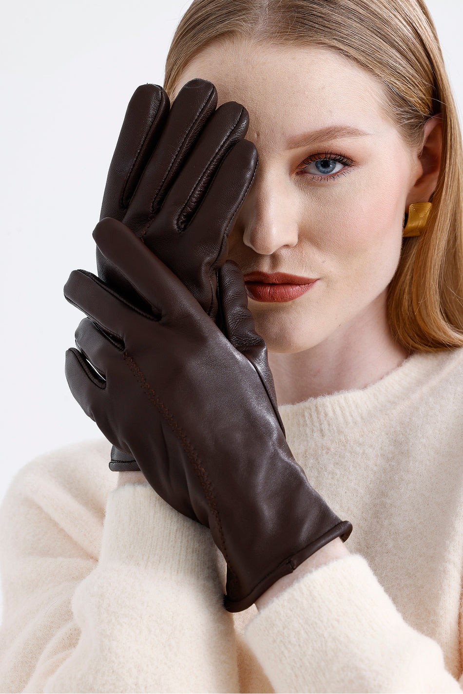 Fubileather Women's Brown Genuine Leather Gloves