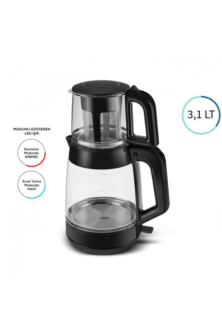 Karaca 2-in-1 3.1 LT Glass Tea and Water Kettle, Space Gray, 1900W - MALLTURK