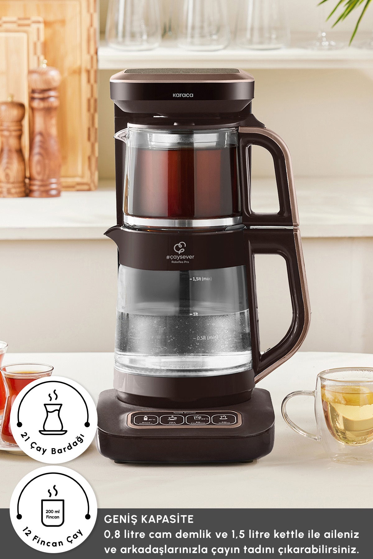 Karaca Tea Lover Robotea Pro Connect 4 in 1 Talking Glass Tea Maker Walnut Brown - MALLTURK