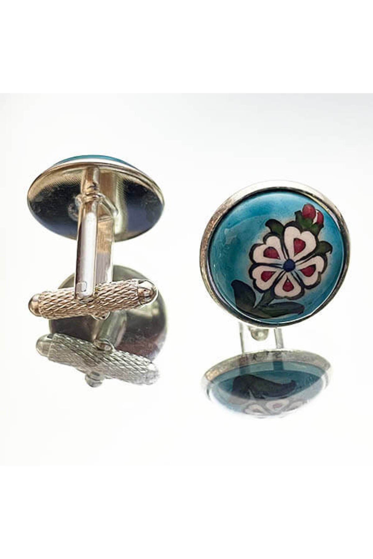 Cini Evi Turquoise Background Spring Patterned Iznik Tile Cufflinks - MALLTURK