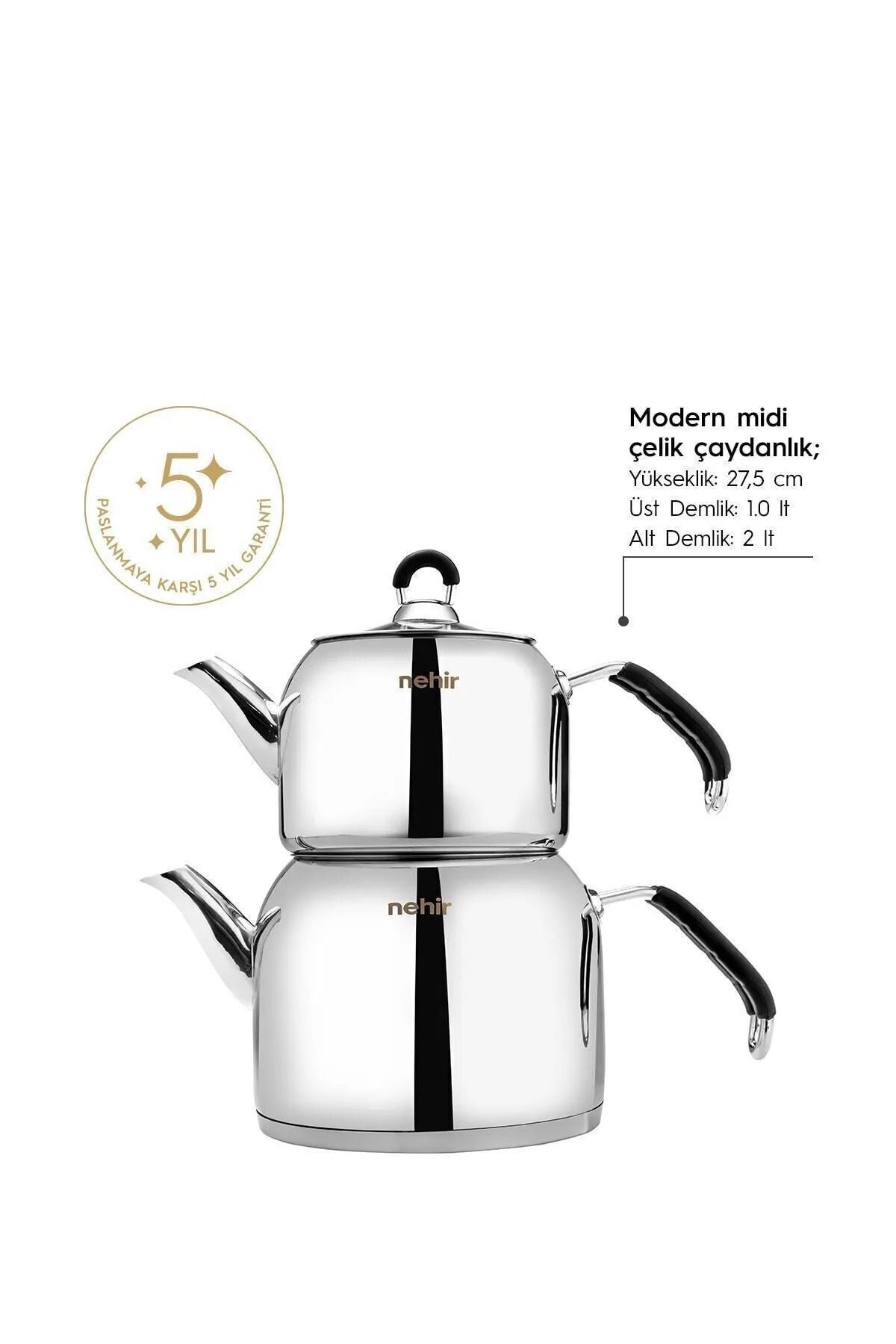 Nehir Modern Midi Medium Size 1-2 Liter Stainless Steel Teapot Set - MALLTURK