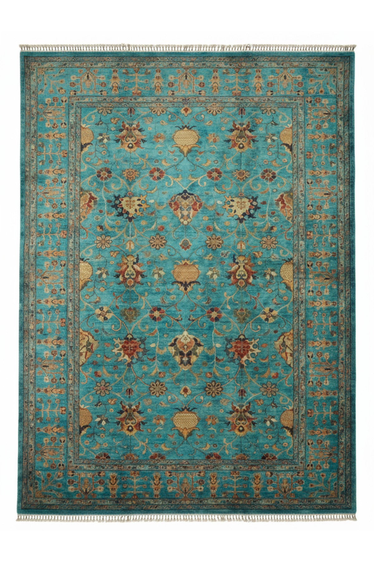 Vog Rug Sultani Handcrafted Blue Anatolian Pattern Pattern Fringed Modern and Traditional Living Room Rug