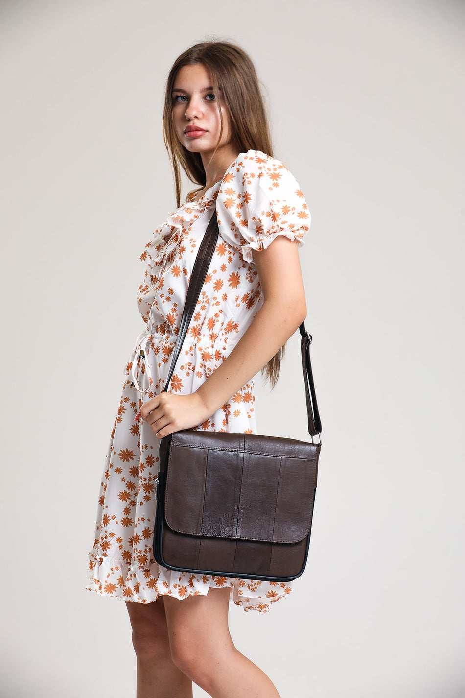 Fubileather Genuine Leather Brown Flap Messenger Multi-Compartment Crossbody Shoulder Bag 29x27cm