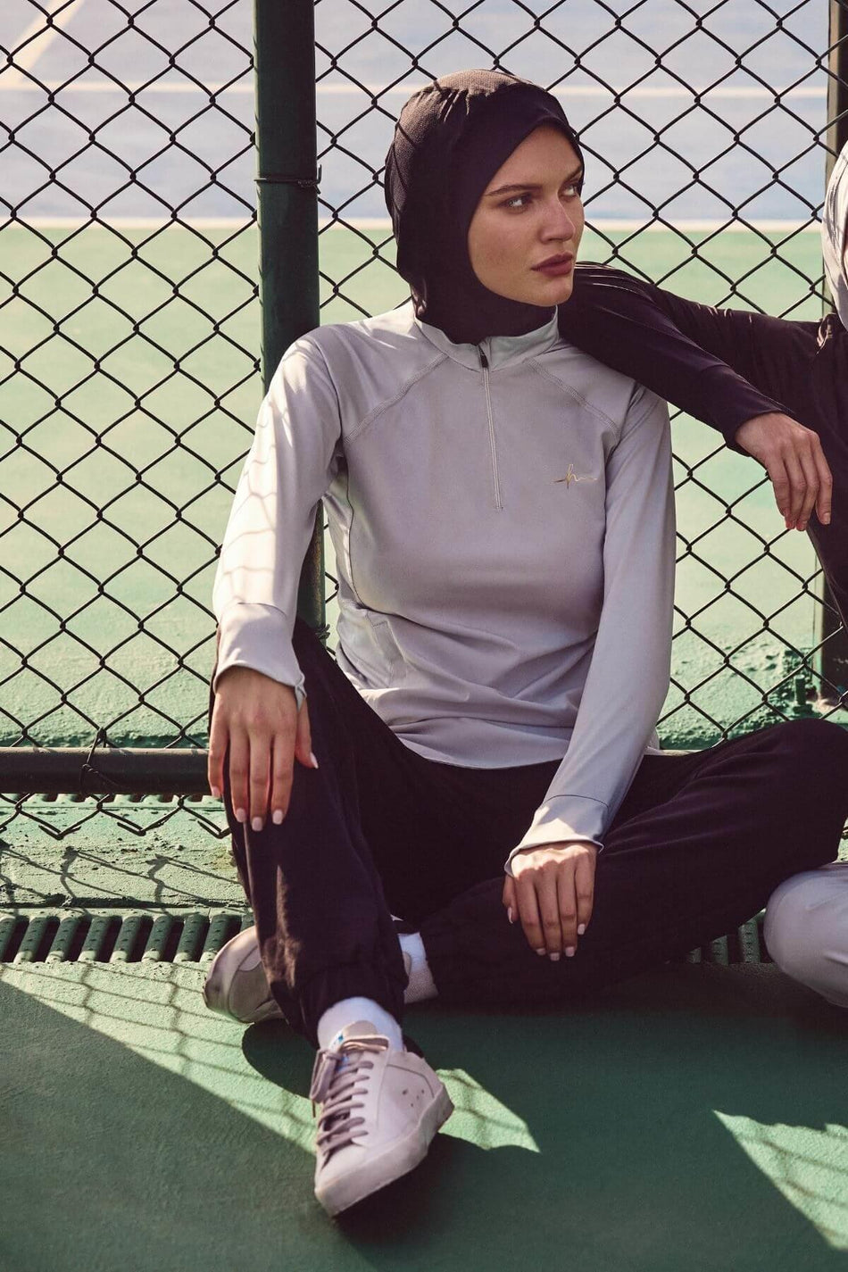 Hasema Active H-per Pocketed Long Sleeve Zip-Up Collar Grey Hijab Training T-Shirt Act-7