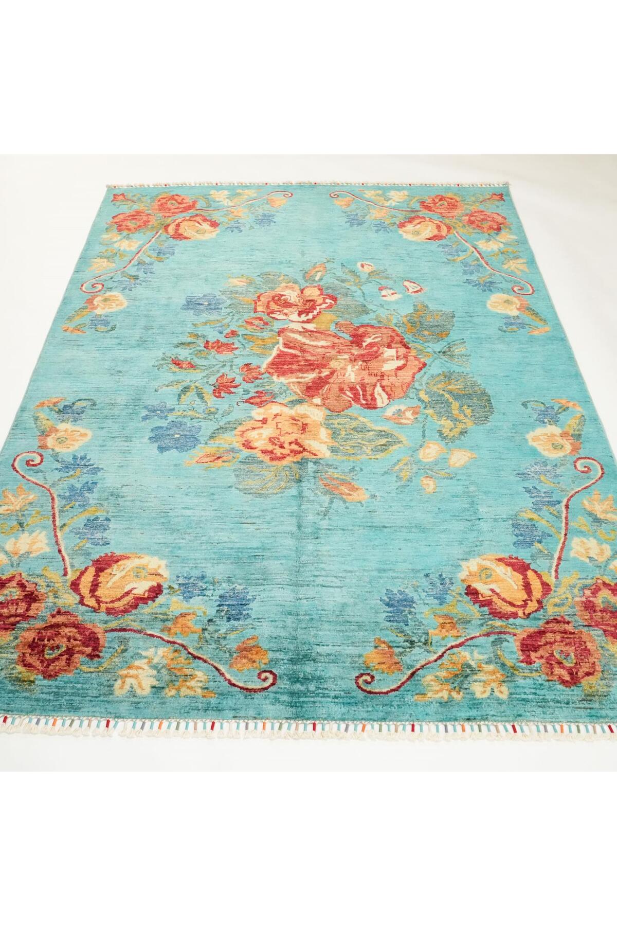 Halicizade Hand-Woven Karabag Pattern Blue Wool Rug - MALLTURK