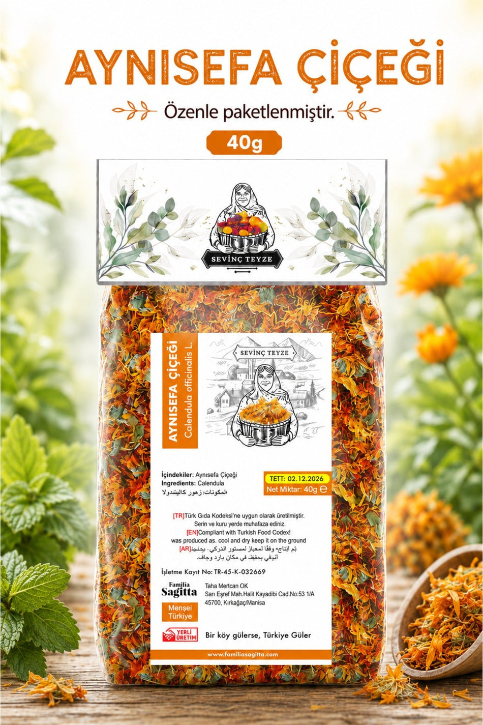 Flor de Calêndula Biológica Aunt Sevinc 40 g - Calêndula-dos-jardins Laranja, Calendula officinalis