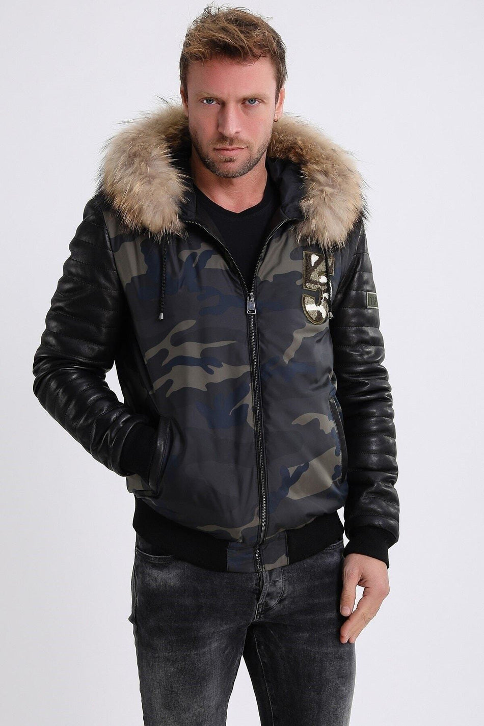 Leather Club kaki legerjas van leer met vossenbontaccessoire