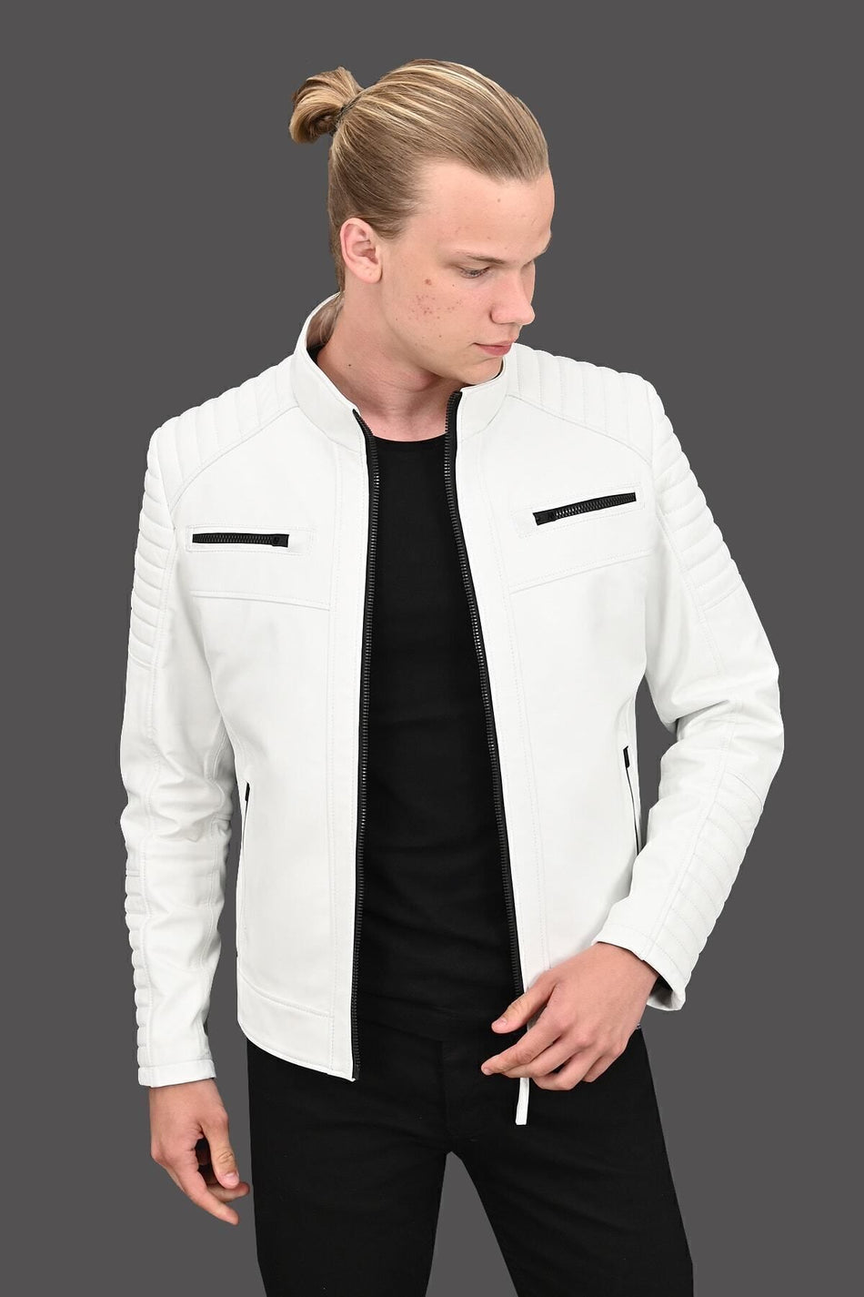 ALIN Sandor Men's Genuine Leather Embossed Stitch Leather Jacket White