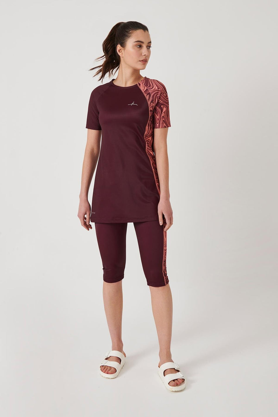 Hasema Sleeve Patterned Plum Semi-Closed Pool Swimsuit - MALLTURK