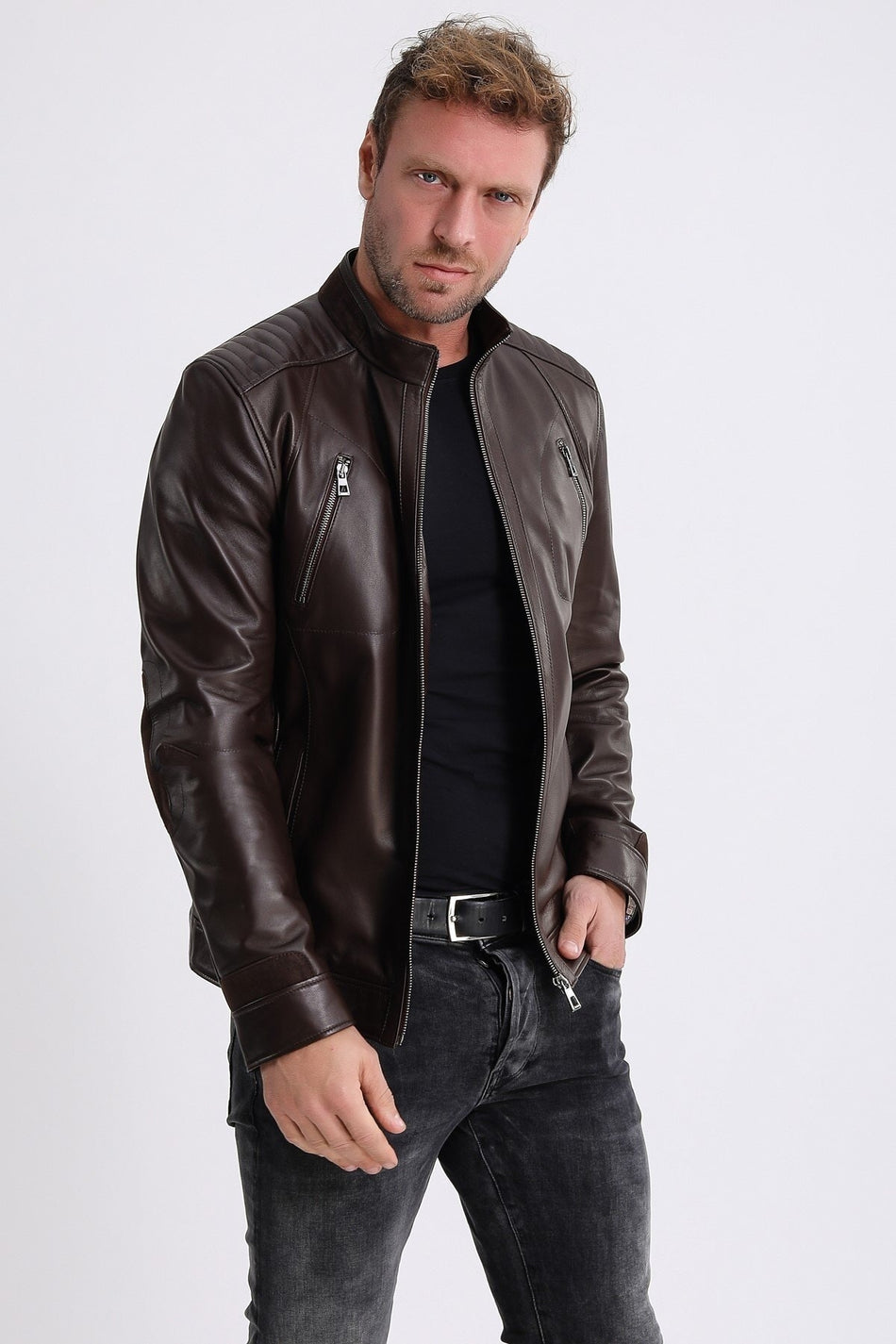 Leather Club kaffebrun sportjacka i läder
