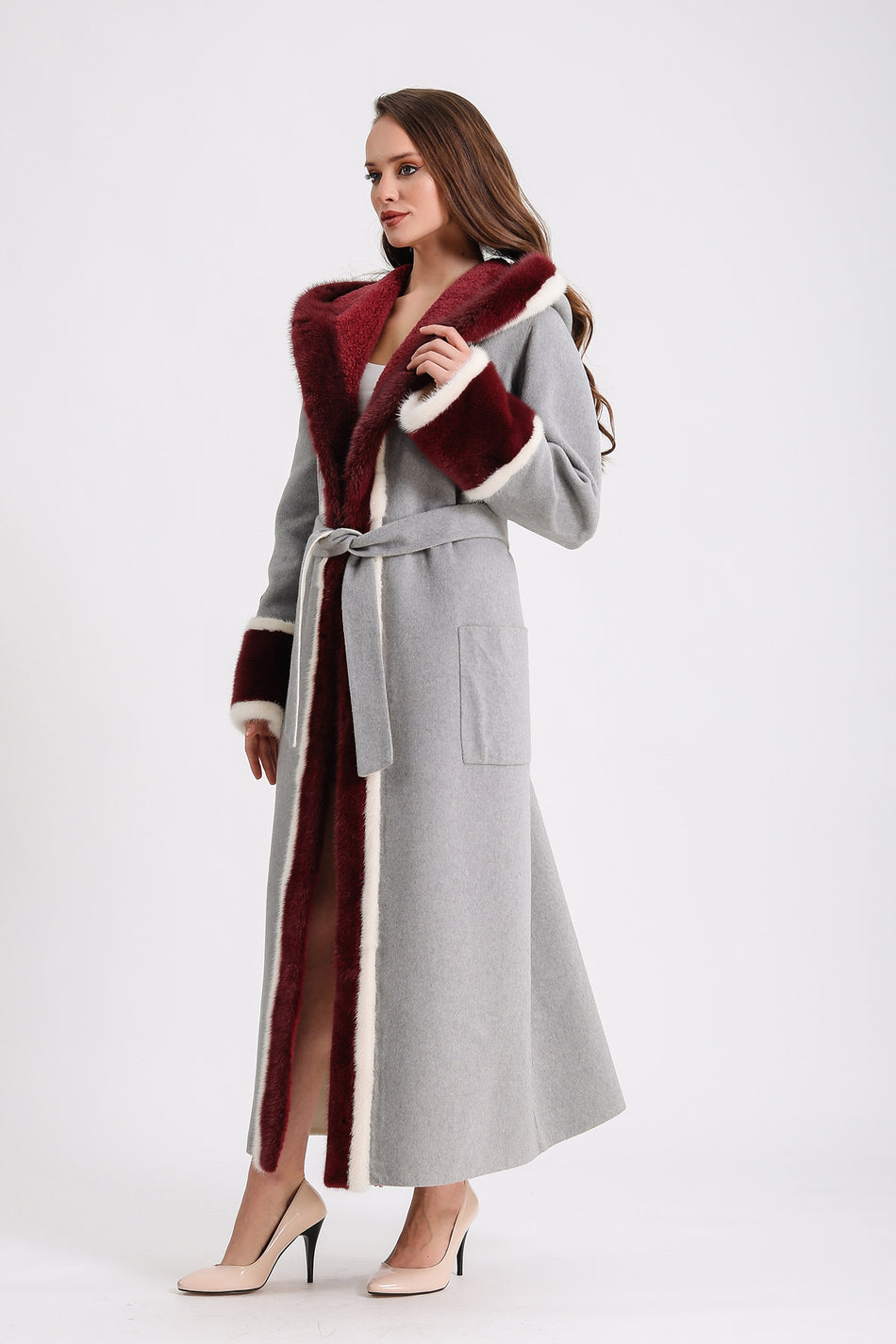 Leather Club Grey Mink Alpaca Coat with Astrakhan Hood and Accessories
