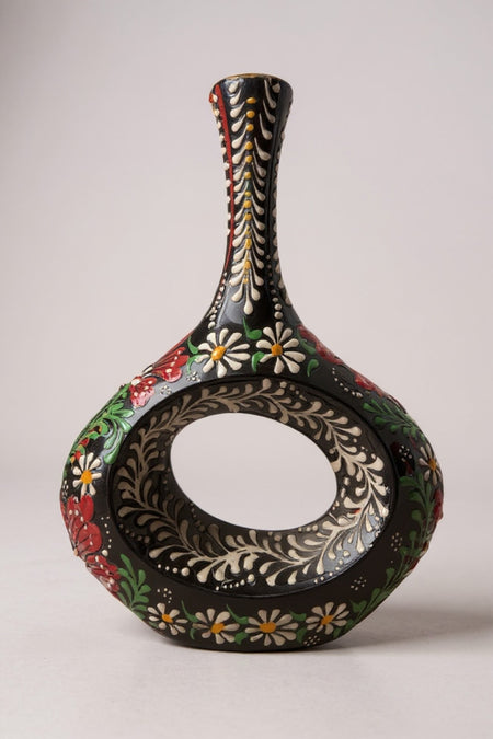 STORESZA Handmade 28cm Embossed and Lace Work Black Scandinavian Porcelain Vase - MALLTURK