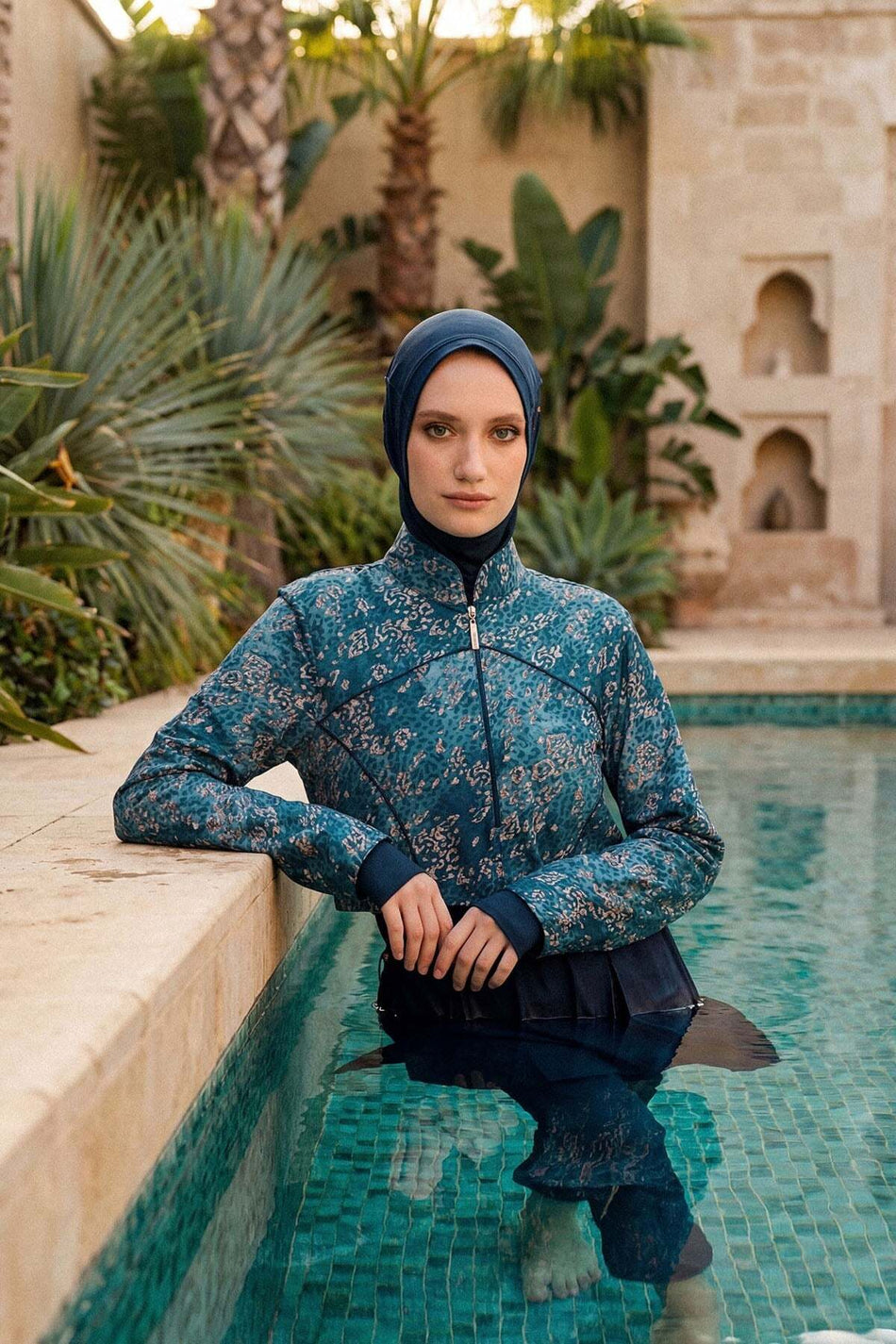 Hasema Vaha Collection Patterned Navy Blue 5-Piece Full Coverage Swimsuit Set 5088