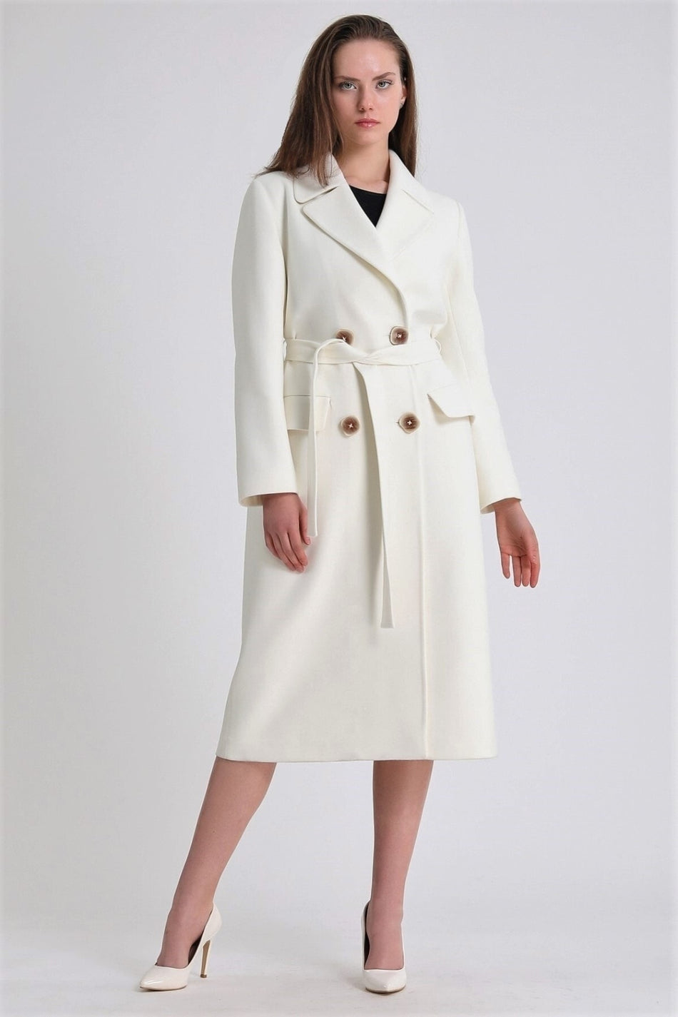 Leather Club White Double-Breasted Cashmere Coat