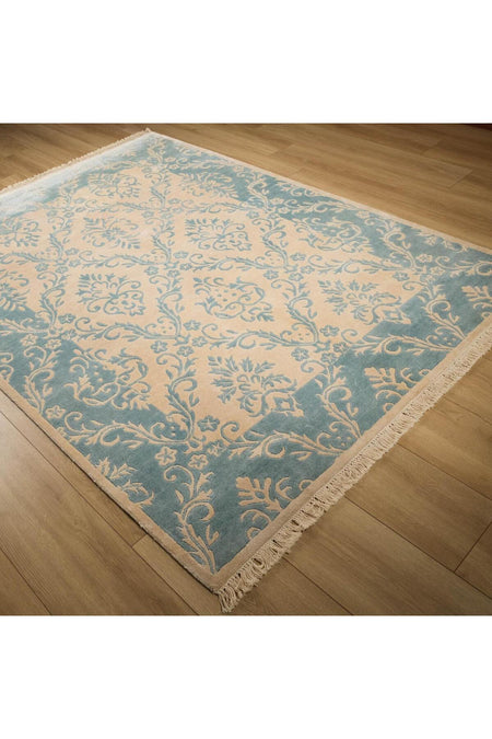 Halicizade Fiber Series Damask Pattern Handwoven Carpet - Fiber Beige Blue Border - MALLTURK