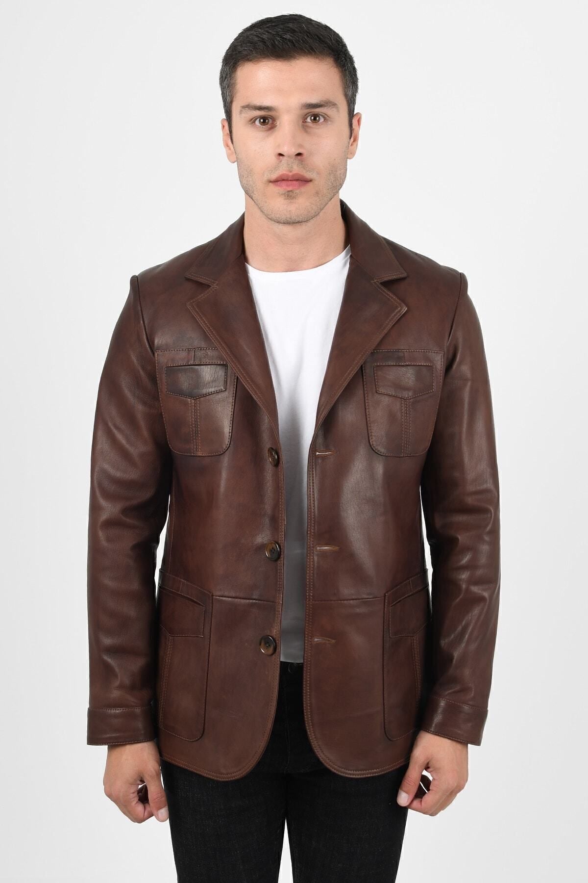 ALIN Martell Men's Genuine Leather Blazer Leather Jacket Brown - MALLTURK