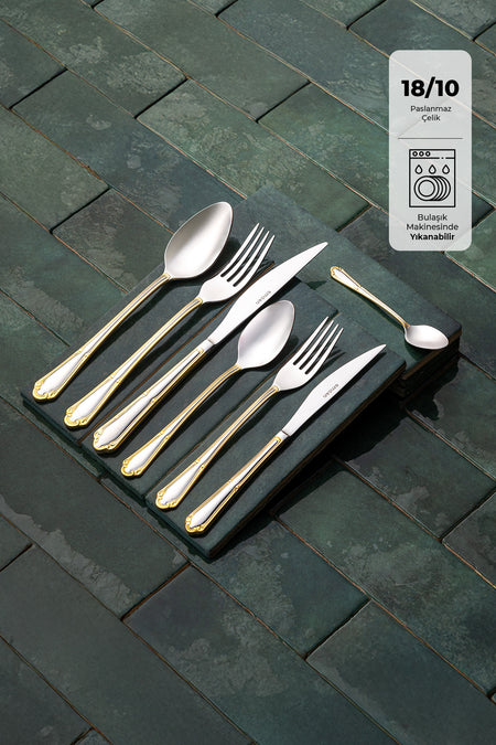 Emsan elegance goksu gold 84 Piece 12 Place Setting luks Boxed Flatware Set - MALLTURK