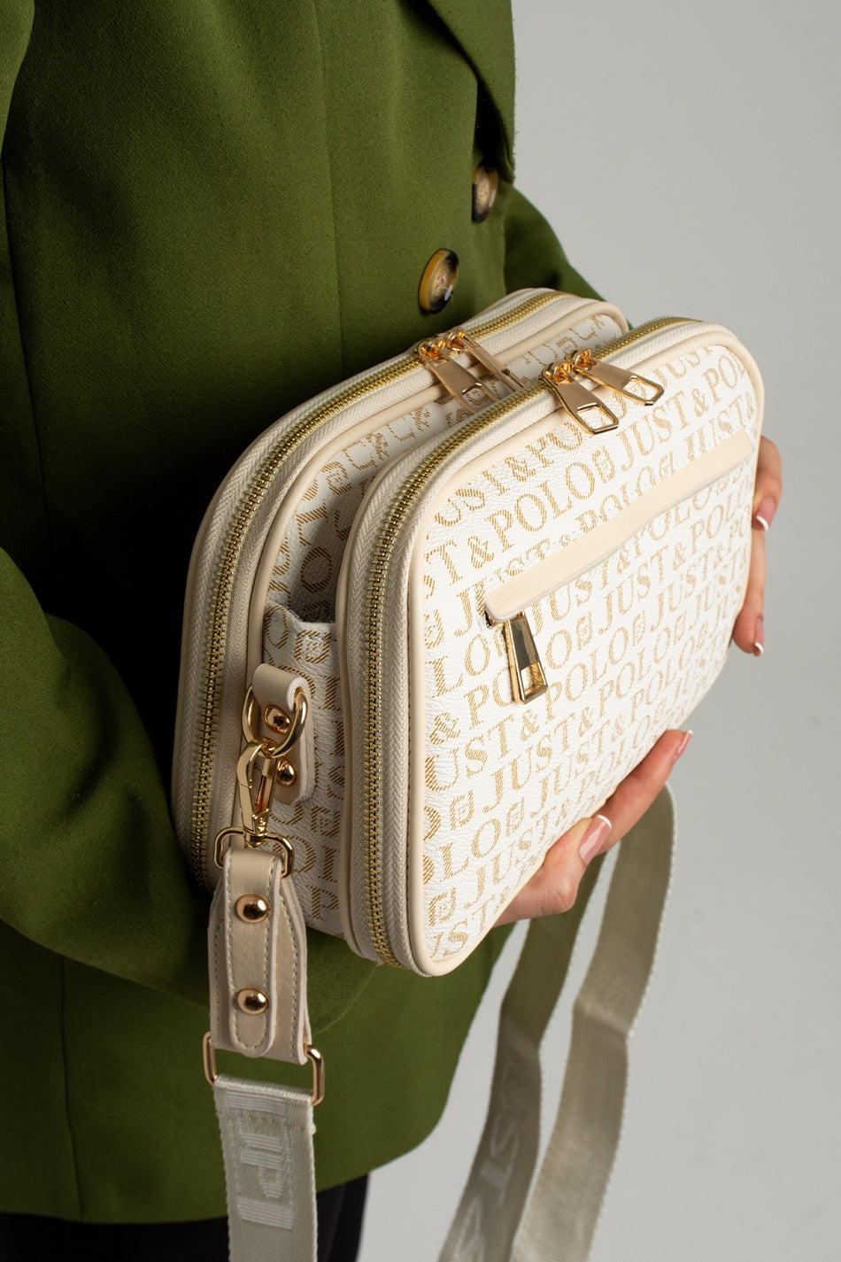 Just Polo Original Women's New Season 5-Compartment Luxury Soft Leather Adjustable Crossbody Shoulder Bag Cream
