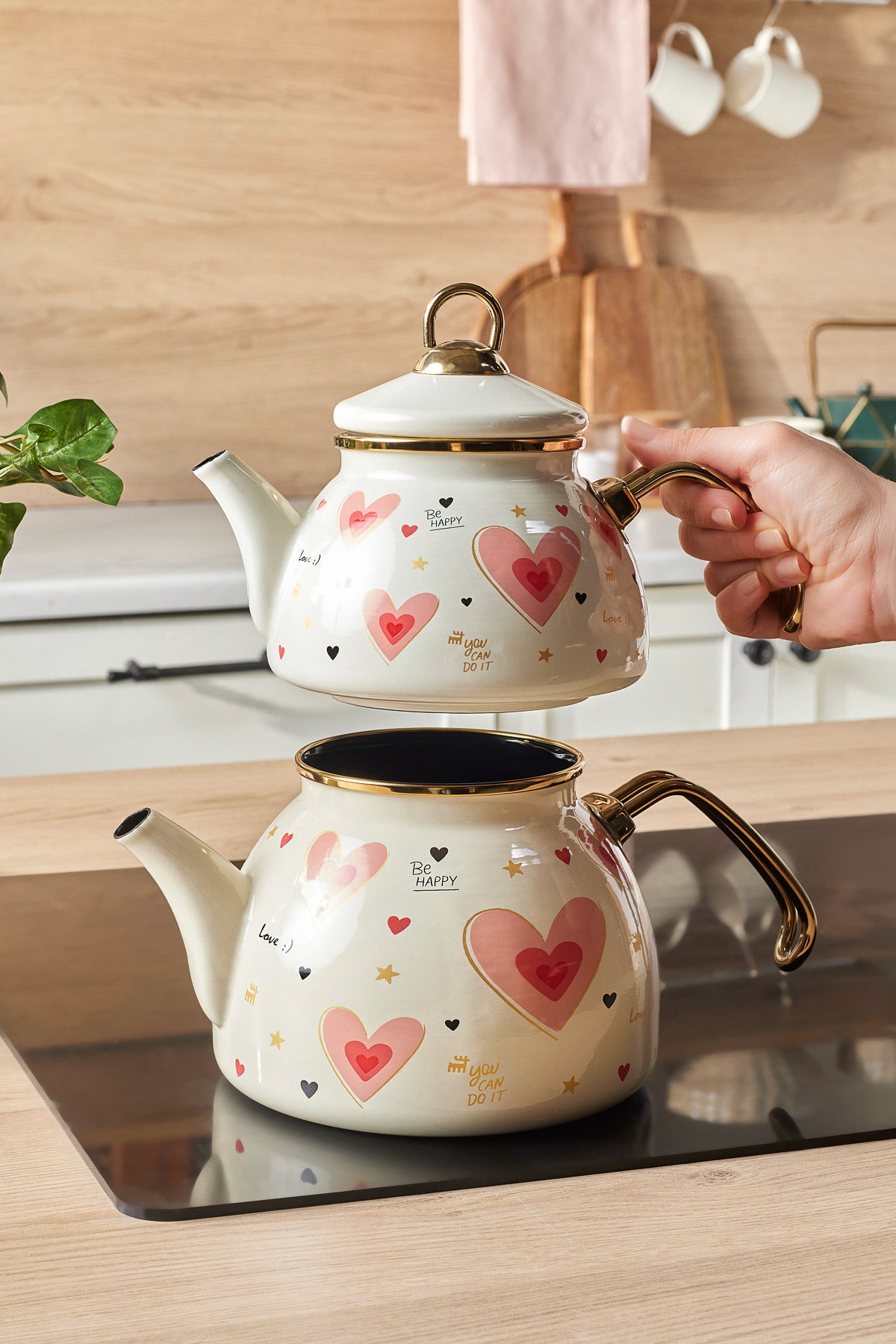 Karaca Pink Love Enamel Heart Detail Midi Size Teapot Set 3.1 Liters - MALLTURK