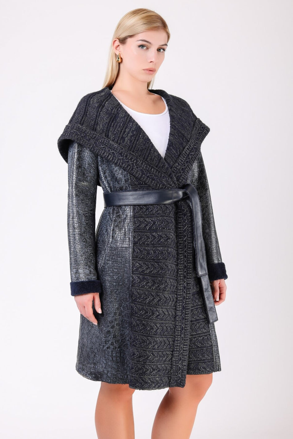Leather Club Navy Blue Knitted Fur Coat with Accessories