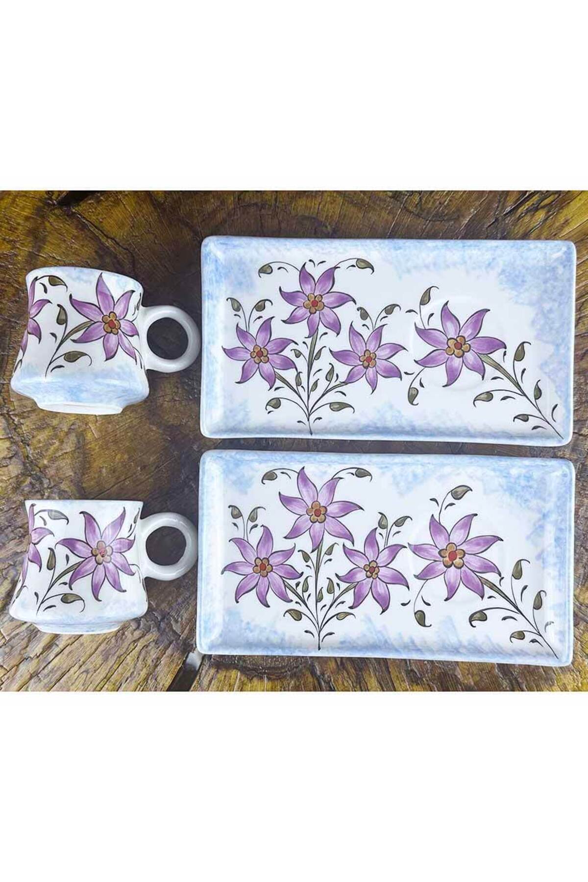 Cini Evi Purple Flower Bouquet Iznik Style Coffee Serving Set – Special Gift - MALLTURK