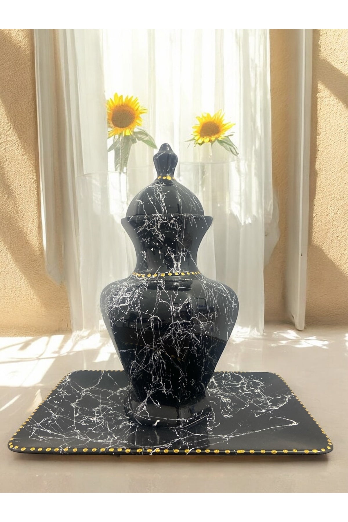 STORESZA Marble Pattern Black Ceramic Cube Vase and Saucer Set - MALLTURK