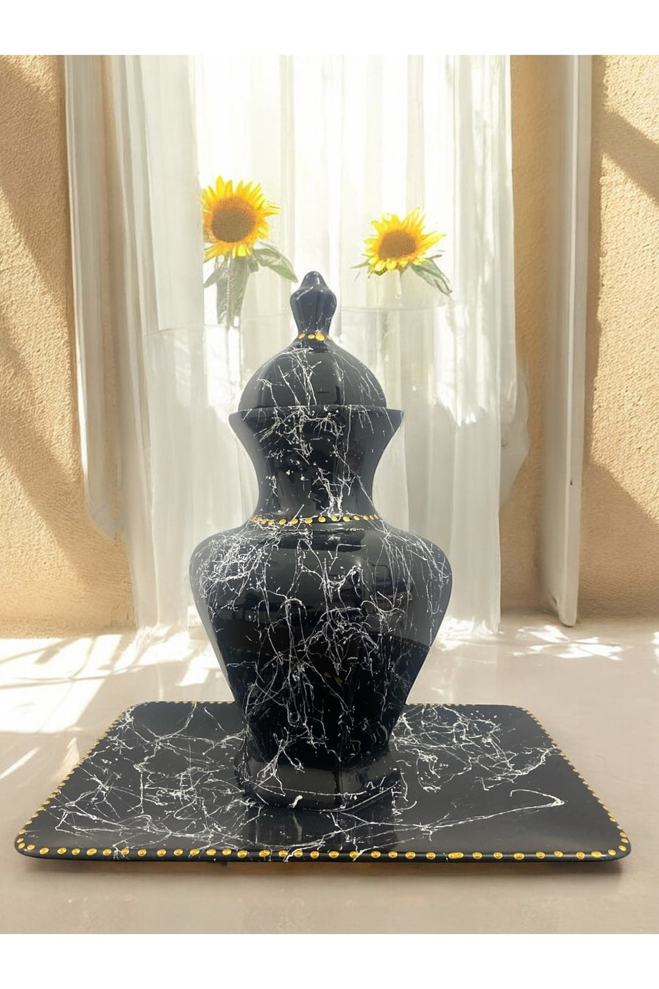 STORESZA Marble Pattern Black Ceramic Cube Vase and Saucer Set - MALLTURK