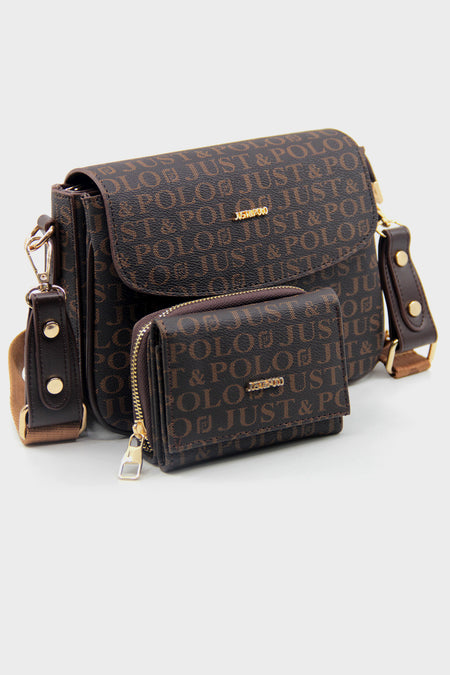 Just Polo Brown Women's Three-Compartment Shoulder Bag and Wallet Set - MALLTURK