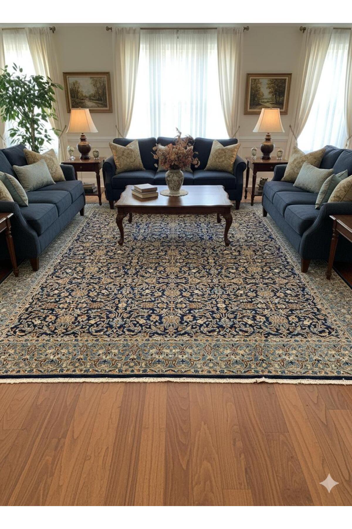 RD RAMAZAN DAG Hand Rug Art Hand-Woven Iranian Kirman Laver Rug Premium Quality Navy Color Size 355x267 - MALLTURK