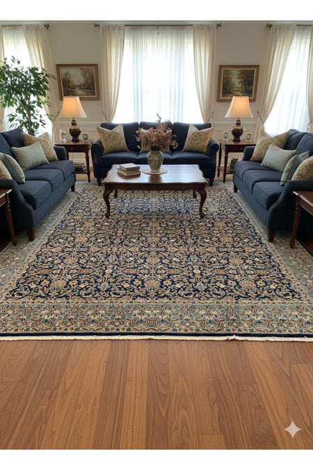 RD RAMAZAN DAG Hand Rug Art Hand-Woven Iranian Kirman Laver Rug Premium Quality Navy Color Size 355x267 - MALLTURK