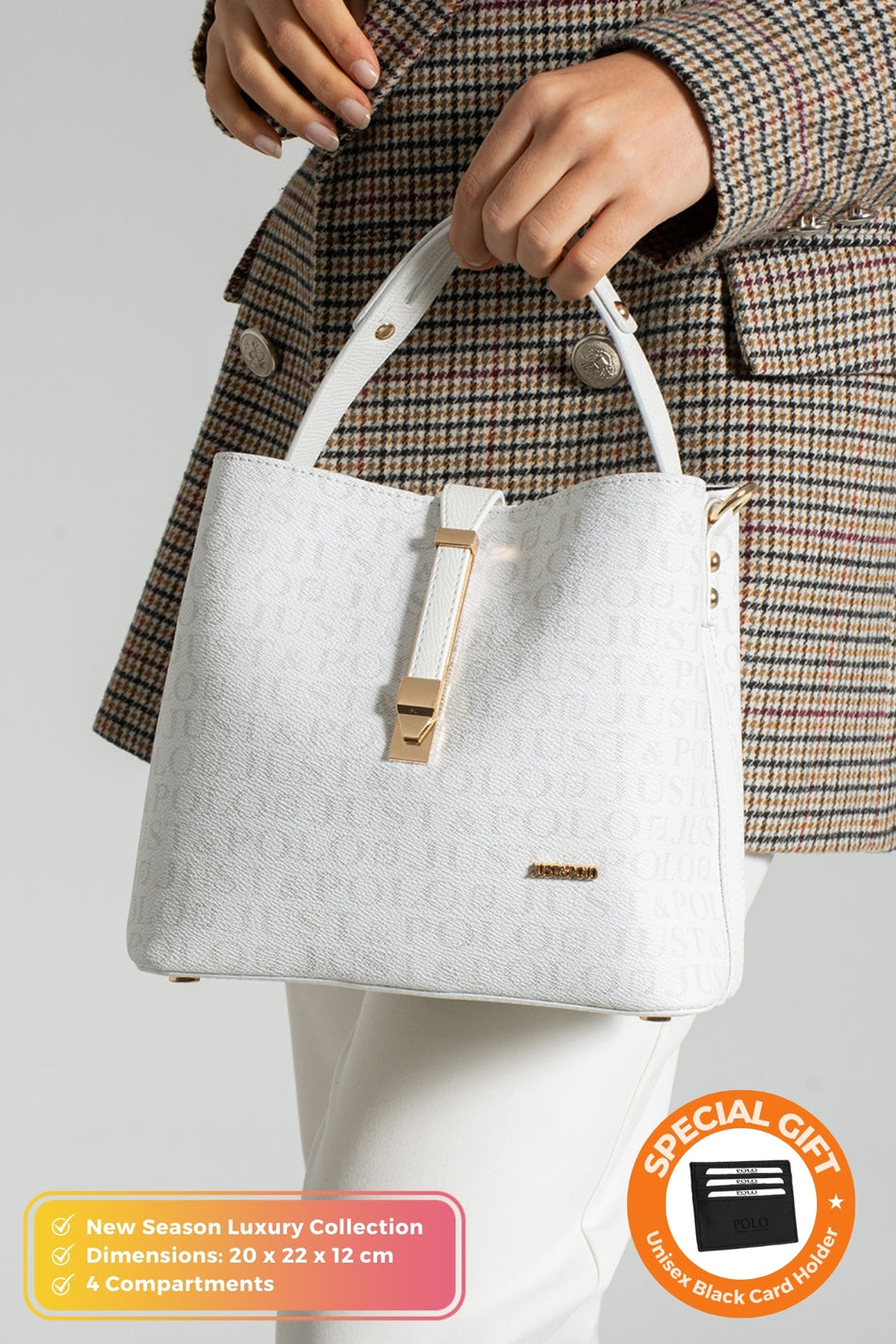 Just Polo Original Women's 4-Compartment Luxury Soft Leather Stylish Handbag and Shoulder Bag with Adjustable Crossbody Strap White - MALLTURK